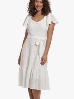 London Times Midi Dress Sz 16 White Eyelet Short Sleeve Cottage Coquette Wedding